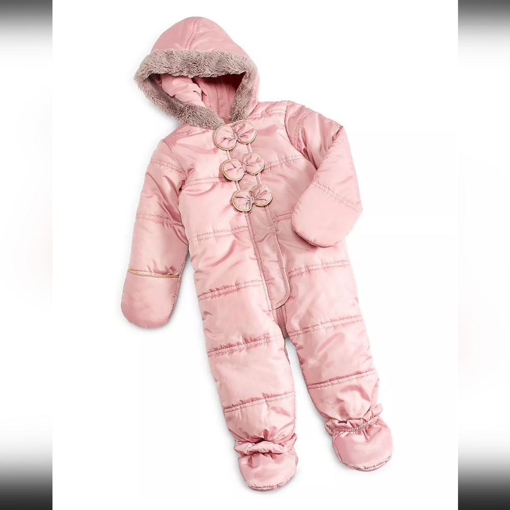 First Impressions Baby Girl Bow Faux Fur Trim Snowsuit. Pink.